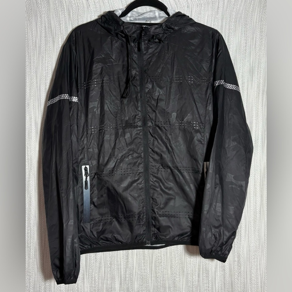 ZYIA Black Print Windbreaker Jacket with Reflective Accents